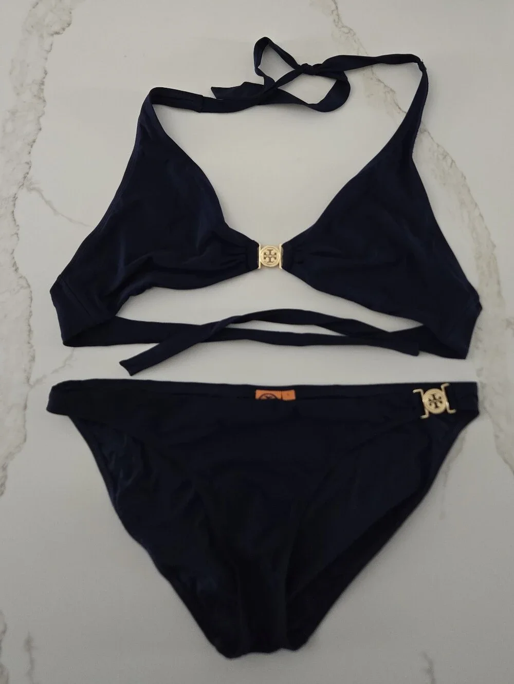 Tory Burch Navy Bikini Set with Gold Logo Accents